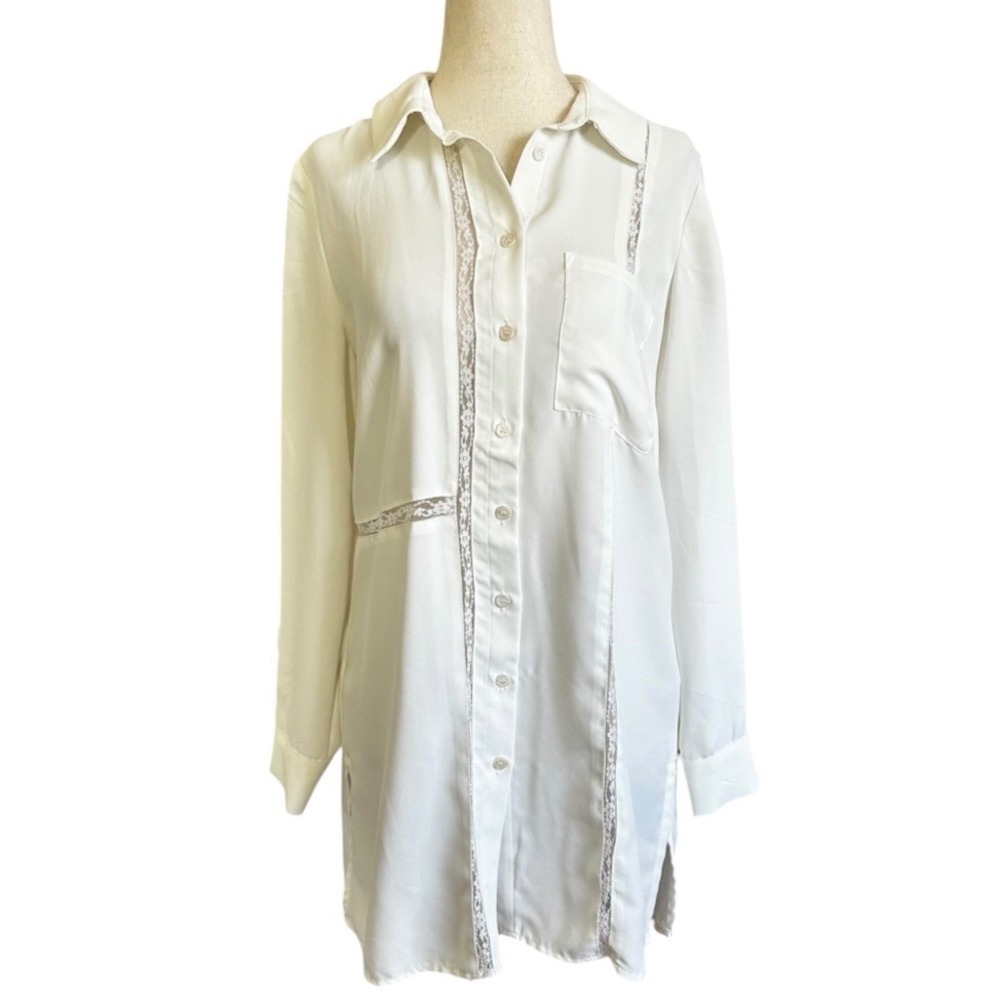 Vince Camuto Womens XS Ivory Lace Trim Button Down Tunic Blouse Shirt | 0219